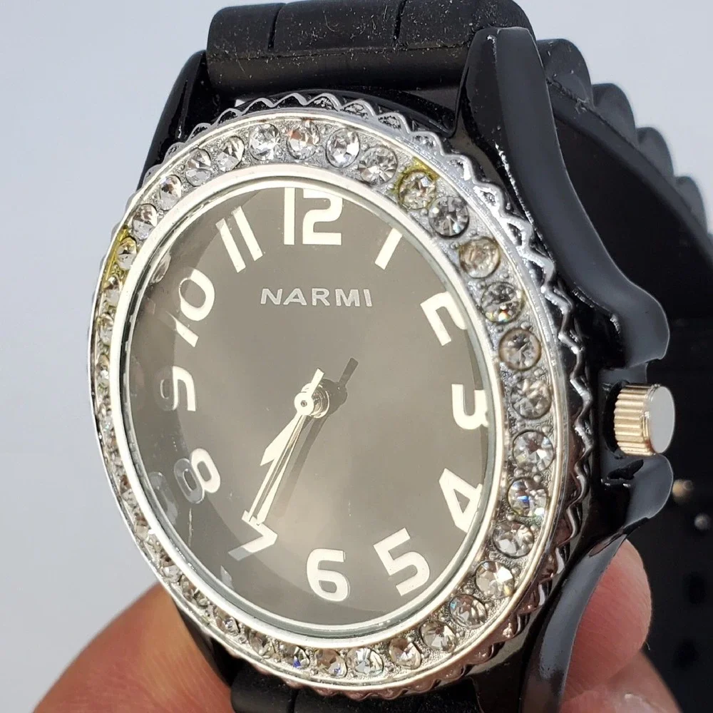 Women's Watch 38MM Black Dial Black Plastic‎ Bands Crystal Bezel New Battery